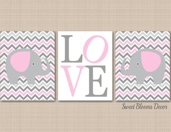 Pink Gray Elephants Nursery Wall Art Pink Gray Chevron Elephants Baby Girl Bedroom Decor Baby Shower Decor UNFRAMED C148-Sweet Blooms Decor
