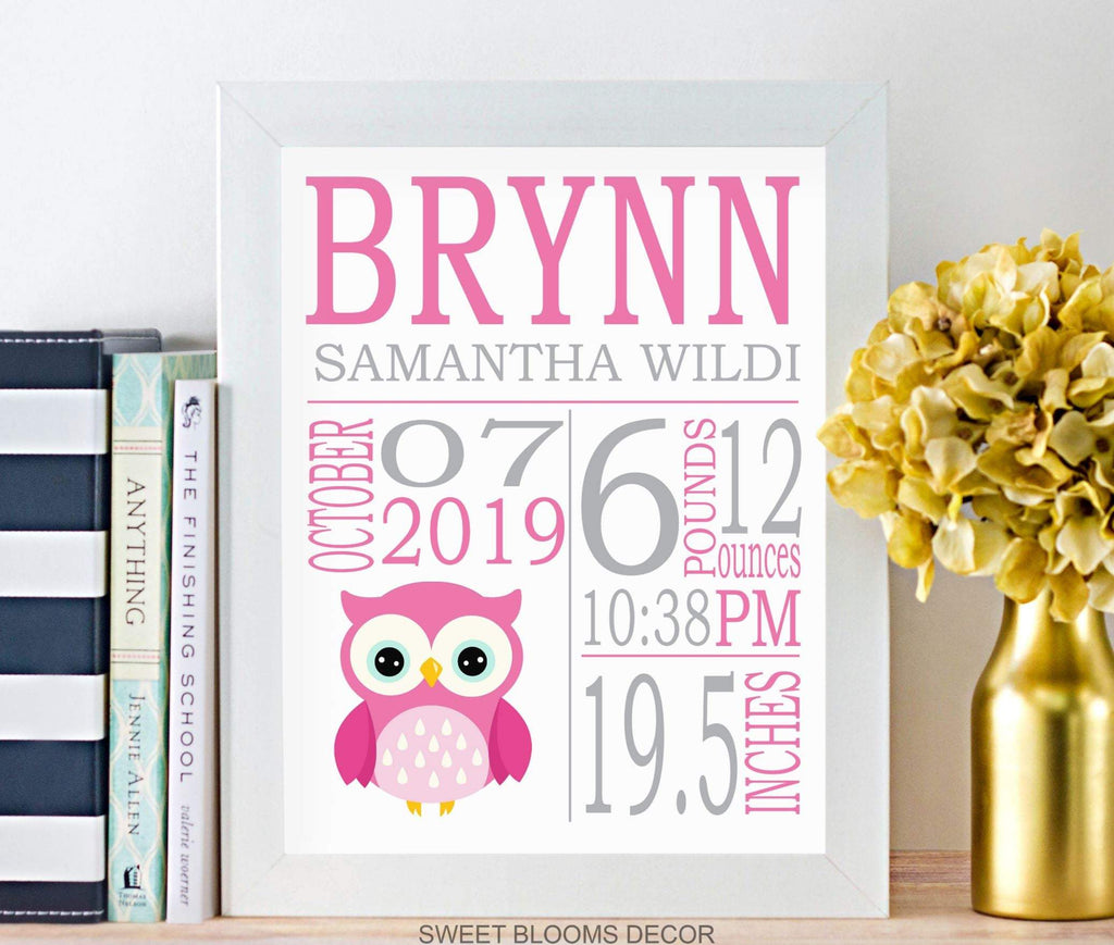 Pink Gray Owls Nursery Owl Birth Print Birth Announcement Owl Baby Shower Owl Baby -PRINT OR CANVAS-Sweet Blooms Decor