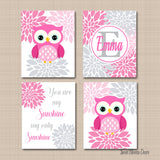 Pink Gray Owls Nursery Wall Art Floral Baby Girl Bedroom Decor Flowers You Are My Sunshine Shower Gift Name Monogram C508-Sweet Blooms Decor