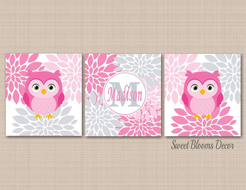 Pink Gray Owls Nursery Wall Art Floral Owl Flowers Gile Baby Room Decor Bedroom Art Prints Nursery Wall Art Name Monogram-Sweet Blooms Decor