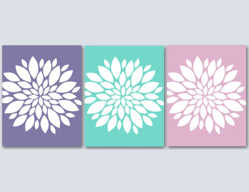 Pink Green Lavender Wall Art,Pink Teal White Lavender Floral Wall Art,Pink Aqua Purple Wall Art,Pink Lavener Nursery Wall Art Custom Colors
