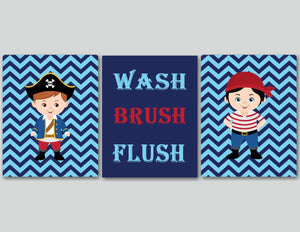 Pirates Bathroom Wall Art,Brothers Bathroom,Boy Bathroom Wall Art,Pirates Decor,Blue Red Pirate Wash Brush Flush PRINTS or CANVAS B108-Sweet Blooms Decor