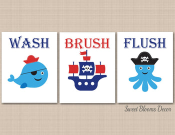 Pirates Bathroom Wall Art,Pirates Bathroom Decor,Pirates Kids Wall Art,Whale Ship BathroomPirates Wash Brush Flush PRINTS or CANVAS B126-Sweet Blooms Decor
