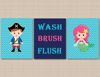 Pirates Mermaid Bathroom Wall Art,Brother Sister Bathroom,Boy Girl Bathroom Wall Art,Pirates Decor,Wash Brush Flush PRINTS or CANVAS B106-Sweet Blooms Decor