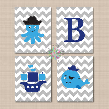 Pirates Wall Art Kids Boy Bedroom Decor Pirates Monogram Bathroom Decor Nursery Navy Blue Gray Boat Whale Octopus C677-Sweet Blooms Decor