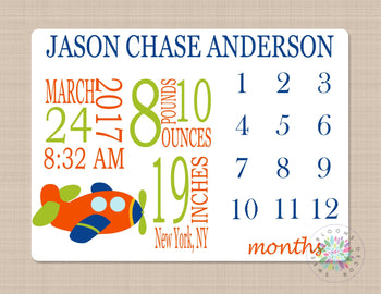 Planes Milestone Blanket Monthly Growth Tracker Airplanes Personalized Boy Birth Announcement Name Baby Shower Gift Nursery Bedding B534