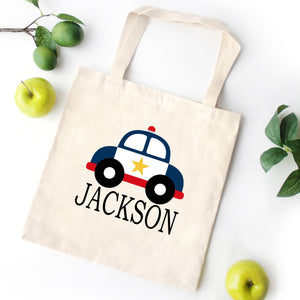 Police Car Tote Bag Personalized Kids Canvas School Bag Custom Preschool Daycare Toddler Beach Tote Bag Birthday Favor Gift Library 