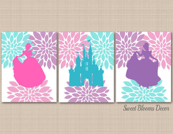 Princess Bedroom Wall Art Pink Purple Teal Girl Castle Cinderella Floral Flowers Birthday Gift Bedroom Decor C352-Sweet Blooms Decor
