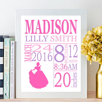 Princess Birth Print,Princess Birth Announcement,Princess Baby ,Princess Nursery Art Decor,Purple Pink Princess-PRINT OR CANVAS-Sweet Blooms Decor