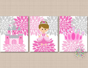 Princess Floral Nursery Wall Art Pink Gray Flowers Princess Girl Bedroom Decor Castle Tiara CrownBathoom Sisters UNFRAMED-Sweet Blooms Decor