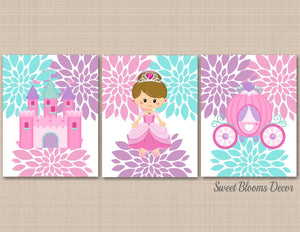 Princess Floral Nursery Wall Art Pink Purple Teal Princess Baby Girl Bedroom Decor Castle Carriage Flowers UNFRAMED C439-Sweet Blooms Decor