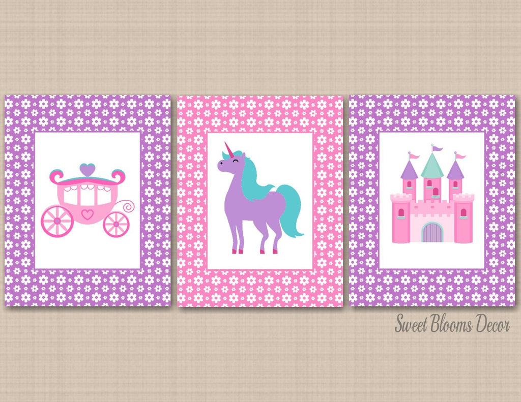 Princess Kids Wall Art Pretty Pink Purple Teal Floral Flowers Unicorn Carriage Room Decor Unicorn Girl Bedroom Decor C248-Sweet Blooms Decor
