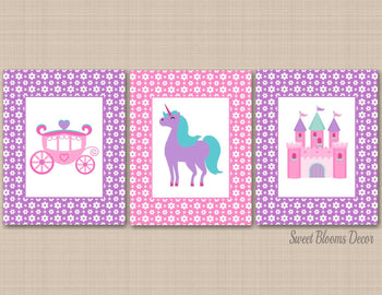 Princess Kids Wall Art Pretty Pink Purple Teal Floral Flowers Unicorn Carriage Room Decor Unicorn Girl Bedroom Decor C248-Sweet Blooms Decor