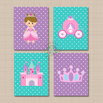 Princess Nursery Decor Wall Art Pink Purple Teal Castle Carriage Crown Polkadots Baby Girl Room Decor Bedroom Bathroom C727-Sweet Blooms Decor