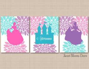 Princess Nursery Decor Wall Art Pink Purple Teal Floral Cinderella Castle Flowers Name Monogram Sisters Twins Birthday C352-Sweet Blooms Decor