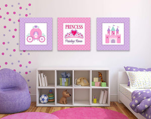 Princess Nursery Wall Art Pink Purple Girl Bedroom Decor Princess Castle Carriage Crown Room Name Monogram C243-Sweet Blooms Decor