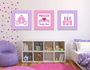 Princess Nursery Wall Art Pink Purple Girl Bedroom Decor Princess Castle Carriage Crown Room Name Monogram C243-Sweet Blooms Decor