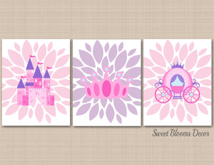 Princess Nursery Wall Art Pink Purple Lavender Floral Castle Crown Carriage Flowers Girl Bedroom Decor Shower Gift C245-Sweet Blooms Decor