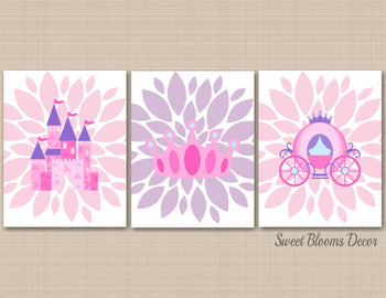 Princess Nursery Wall Art Pink Purple Lavender Floral Castle Crown Carriage Flowers Girl Bedroom Decor Shower Gift C245-Sweet Blooms Decor