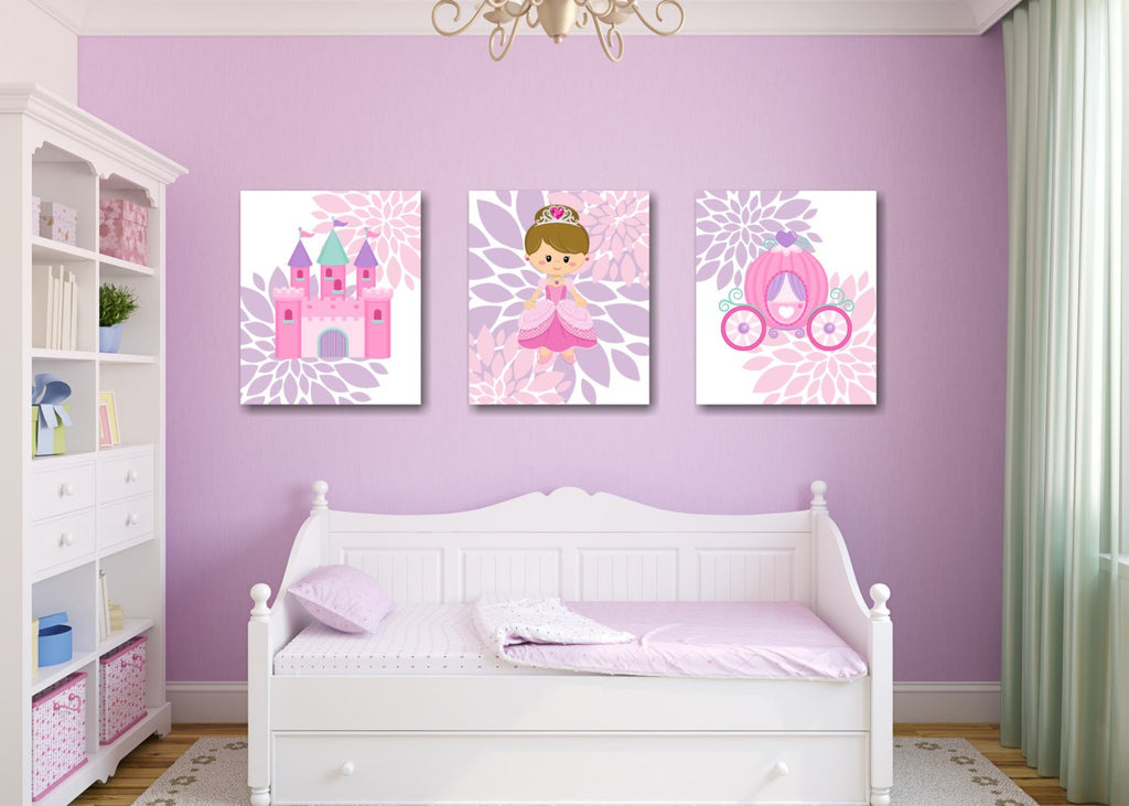 Princess Nursery Wall Art Pink Purple Teal Castle CarriageFlowers Floral Girl Bedroom Decor Bbay Shower Gift UNFRAMED C240-Sweet Blooms Decor