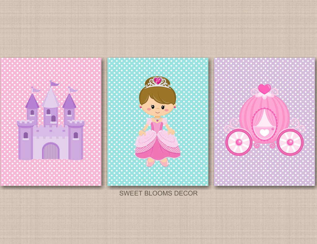Princess Nursery Wall Art Pink Purple Teal Girl Bedroom Decor Princess Castle Carriage Polkadots Room Bathroom C243-Sweet Blooms Decor