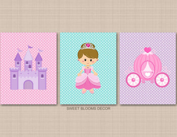 Princess Nursery Wall Art Pink Purple Teal Girl Bedroom Decor Princess Castle Carriage Polkadots Room Bathroom C243-Sweet Blooms Decor