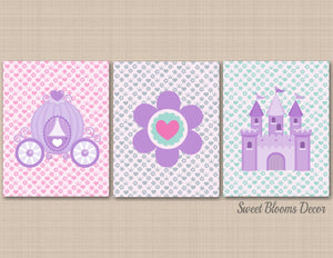 Princess Nursery Wall Art Purple Pink Teal Gray Princess Girl Bedroom Decor Castle Crriage Glowers Floral Hearts C241-Sweet Blooms Decor