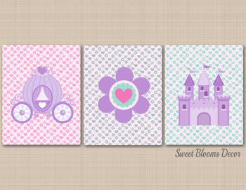 Princess Nursery Wall Art Purple Pink Teal Gray Princess Girl Bedroom Decor Castle Crriage Glowers Floral Hearts C241-Sweet Blooms Decor