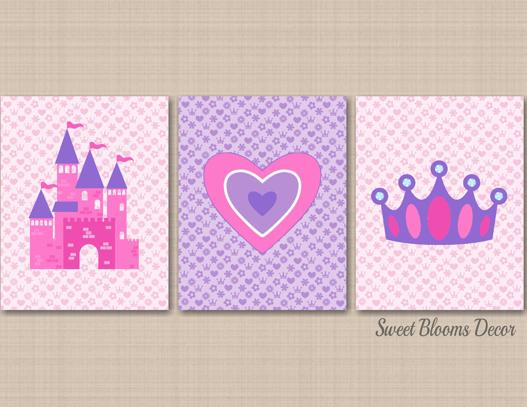 Princess Wall Art,Purple Pink Princess Wall Art Princess Wall Decor Room Decor Princess Castle Crown Heart Decor C541-Sweet Blooms Decor