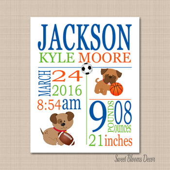 Puppy Birth Print Sports Birth Print Puppy Nursery Sports Birth Announcement Bow Wow Buddies Puppy Sports PRINT OR CANVAS-Sweet Blooms Decor