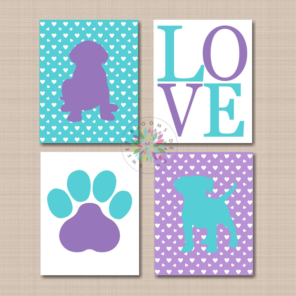 Puppy Dogs Wall Art Room Decor Puppies Love Hearts Paws Nursery Decor Purple Teal Baby Shower Gift Bedroom Decor C770-Sweet Blooms Decor