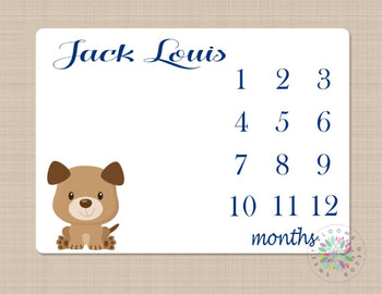 Puppy Milestone Blanket Navy Blue Personalized Monthly Baby Boy Dog Blanky Nursery Decor Baby Shower Gift Growth Tracker B443