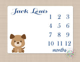 Puppy Milestone Blanket Navy Blue Personalized Monthly Baby Boy Dog Blanky Nursery Decor Baby Shower Gift Growth Tracker B443