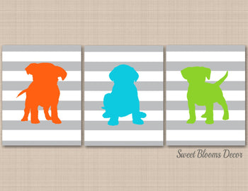 Puppy Nursery Wall Art Puppy Dog Nursery Decor Green Orange Blue Nursery Wall Art Dogs Kids Room Decor Puppy Baby Shower Gift C333-Sweet Blooms Decor