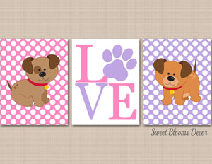 Puppy Nursery Wall Art Puppy Dogs Nursery Decor Pink Purple Nursery Wall Art Dogs Kids Room Decor Puppy Baby Shower Gift Love C525-Sweet Blooms Decor