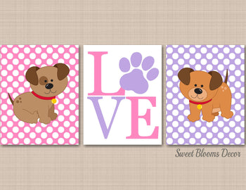 Puppy Nursery Wall Art Puppy Dogs Nursery Decor Pink Purple Nursery Wall Art Dogs Kids Room Decor Puppy Baby Shower Gift Love C525-Sweet Blooms Decor