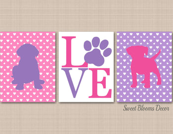 Puppy Nursery Wall Art Puppy Dogs Nursery Decor Pink Purple Nursery Wall Art Dogs Kids Room Decor Puppy Baby Shower Gift Love C526-Sweet Blooms Decor