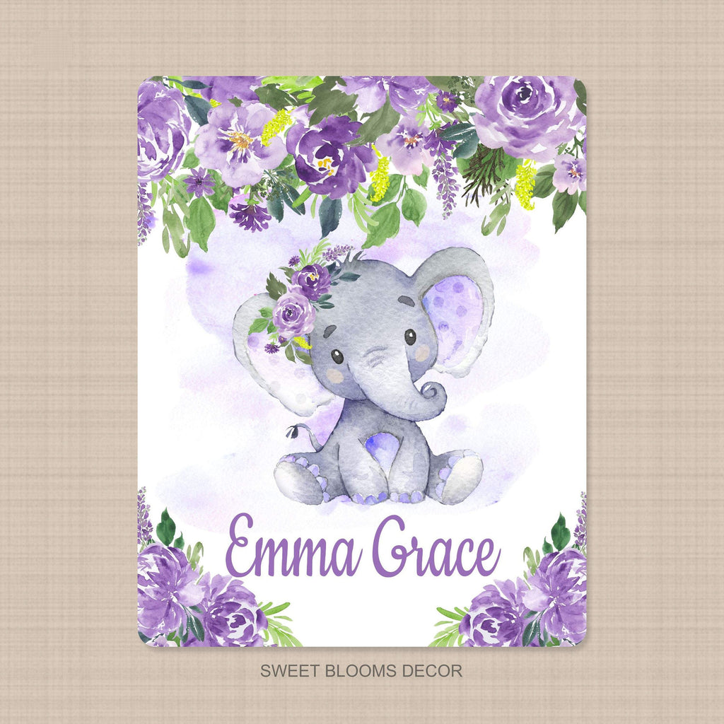 Purple Floral Elephant Baby Girl Blanket