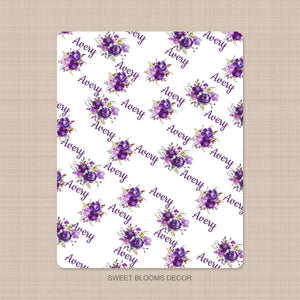 Purple Floral Baby Girl Swaddle Blanket Personalized Name Baby Shower Gift Newborn Nursery Crib Bedding Purple Plum Flowers Fleece