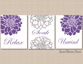 Purple Floral Bathroom Wall Art Lavender Bathroom Decor Purple Gray Floral Wall Art Purple Flowers Dahlia Relax Soak Unwind -Sweet Blooms Decor