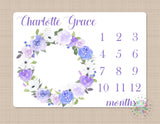 Purple Floral Milestone Blanket Flowers Wreath Violet Lavender Blanket Monthly Growth Tracker Newborn Baby Girl Name Gift B613
