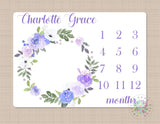 Purple Floral Milestone Blanket Lavender Flowers Wreath Leaves Blanket Monthly Growth Tracker Newborn Baby Girl Name Gift B611