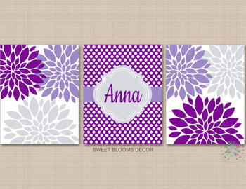 Purple Gray Floral Nursery Wall Art Flowers Polkadots Girl Bedroom Decor Monogram Name Flowers Wall Art C843-Sweet Blooms Decor