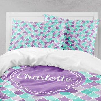 Mermaid Scales Kids Comforter Set Purple Teal Girl Bedding Set Pillow Shams Girl Name Bedding Throw Pillow