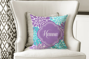 Purple Teal Throw Pillow Purple Teal Floral Bedroom Decor Monogram Cushion Purple Teal Floral Decor Nursery Decor Girl Room Flowers P113-Sweet Blooms Decor