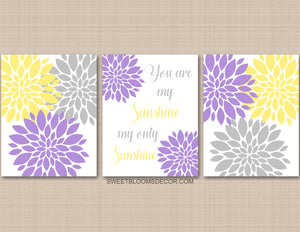 Purple Yellow Gray Floral Nursery Wall Art You Are my Sunshine C940