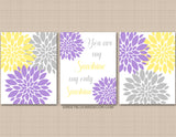 Purple Yellow Gray Floral Nursery Wall Art You Are my Sunshine C940
