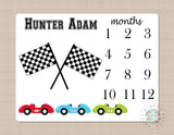 Race Cars Milestone Blanket Monthly Personalized Transportation Months Baby Name Monthly Growth Tracker Baby Shower Gift B159