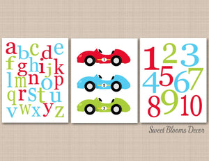 Race Cars Nursery Wall Art 1 2 3 Transportation Alphabet Numbers Red Blue Green Playroom Decor Boy Bedroom Bathroom C353-Sweet Blooms Decor