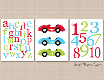 Race Cars Nursery Wall Art 1 2 3 Transportation Alphabet Numbers Red Blue Green Playroom Decor Boy Bedroom Bathroom C353-Sweet Blooms Decor